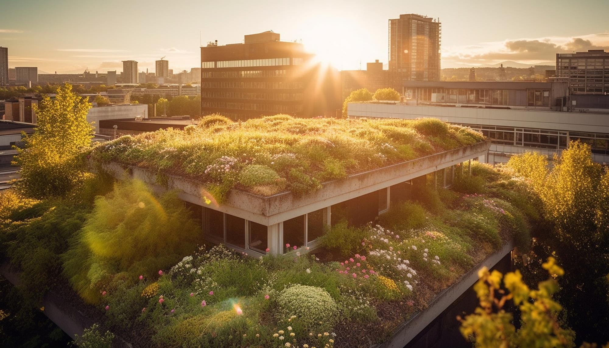 Imágen de un edificio con techos verdes